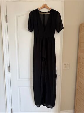 Black V-Neck Short Sleeve Romper with Sheer Maxi Skirt